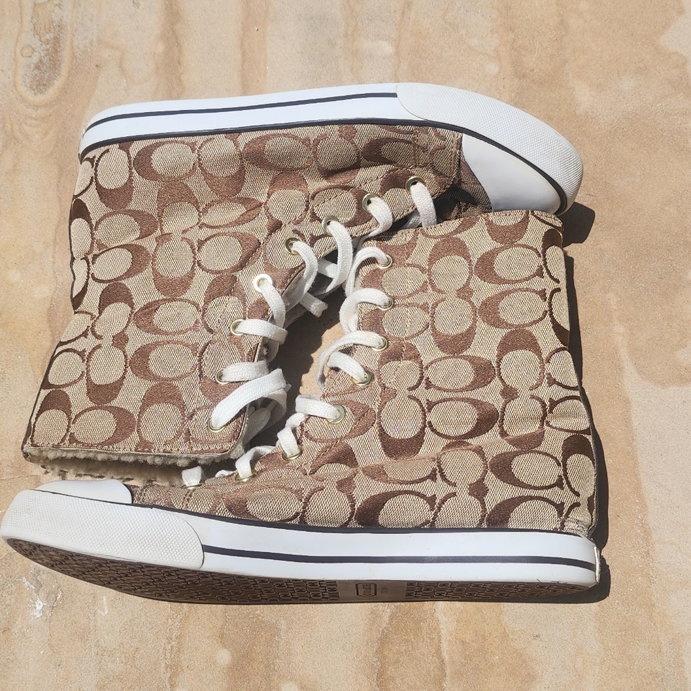 Women's Coach Bonney Sherling Brown and Tan High Top Signature Sneakers - Picture 3 of 6